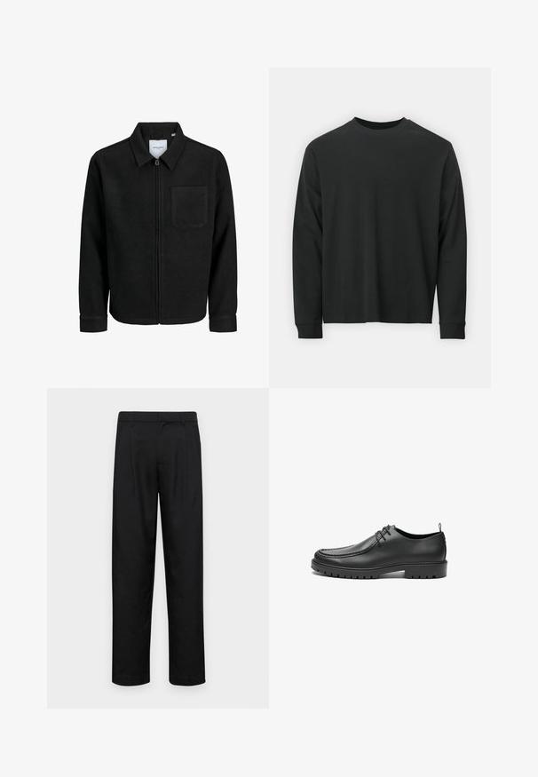 Chaqueta negra con cremallera y cuello, con un solo bolsillo en el pecho, expuesta sobre un fondo blanco.; Camiseta negra de manga larga, hecha de algodón, con escote redondo, corte holgado y puños acanalados. Textura suave sin patrones visibles.; Pantalones negros de tela suave, con un diseño de pierna recta, dos pliegues frontales y una cintura estándar con trabillas para el cinturón.; Zapatos de cuero negro con un acabado suave, punta redondeada y costuras decorativas. Cuenta con una suela de goma con surcos para tracción y un diseño de cordones.