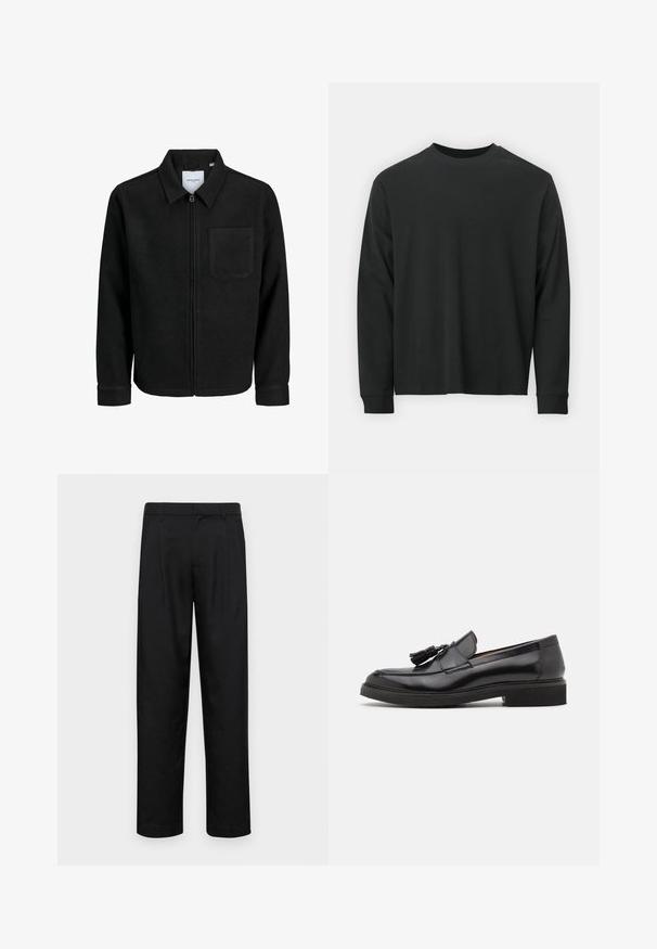 Black zip-up jacket with collar and single chest pocket, displayed on white background.; Long-sleeve black T-shirt made of cotton, featuring a round neckline, loose fit, and ribbed cuffs. Smooth texture with no visible patterns.; Black trousers made of smooth fabric, featuring a straight-leg design, two front pleats, and standard waistband with belt loops.; Black leather loafers with tassel detail, rounded toe, and a textured sole. Features a smooth finish and minimalistic design.