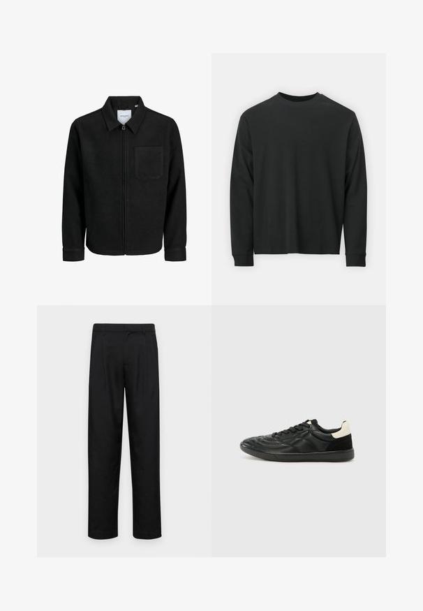 Čierna zipsová bunda s golierom a jednou náprsníkou, vystavená na bielom pozadí.; Čierne tričko s dlhým rukávom vyrobené z bavlny, s okrúhlym výstrihom, vo voľnom strihu a rebrovanými manžetami. Hladká textúra bez viditeľných vzorov.; Čierne nohavice vyrobené z hladkej tkaniny, s rovnými nohavicami, dvoma prednými skladmi a štandardným pásom s pútkami na opasok.; ALDO THEPITCH - Tenisky - black