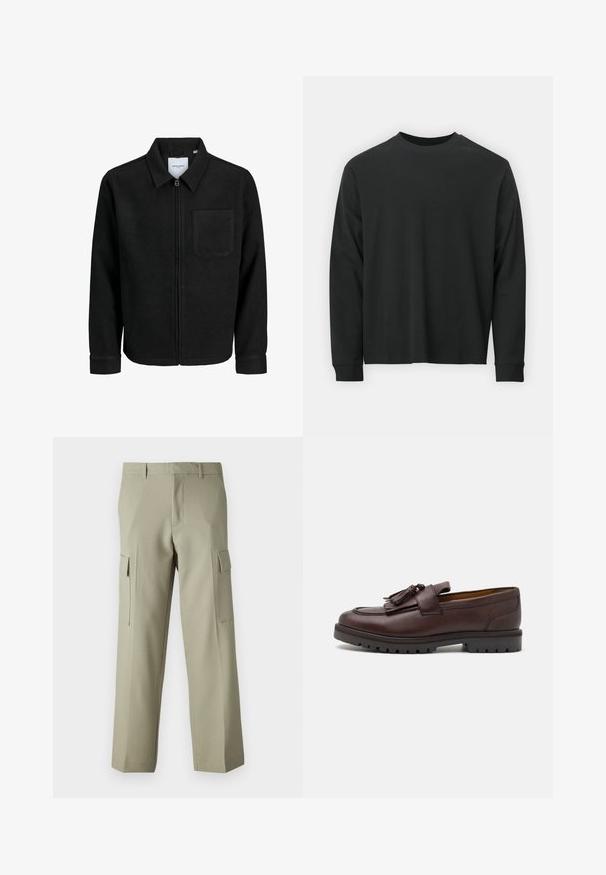 Fekete, zipzáros dzseki gallérral és egyetlen mellzsebbel, fehér háttéren.; Fekete, hosszú ujjú póló, 100% pamutból készült, kerek nyakkivágással, bő szabású, bordázott mandzsettákkal. Simaság jellemzi, látható mintázat nélkül.; Világos zöld cargo nadrág, egyenes szárú dizájnnal, oldalsó zsebekkel és sima szövettextúrával. Hátulról látható.; Zign Alkalmi belebújós cipők - brown