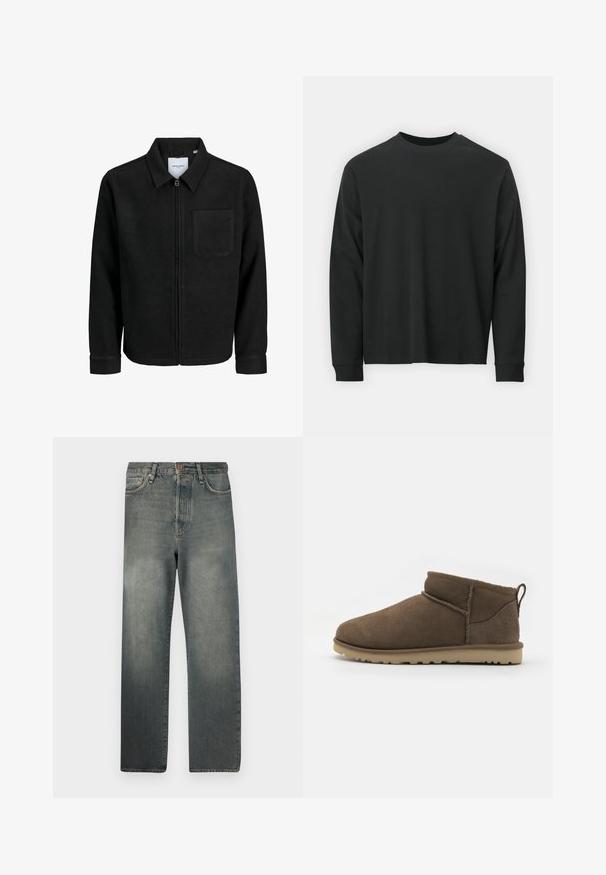 Melna jaka ar rāvējslēdzēju un apkakli, vienu krūšu kabatu, parādīta uz baltas fona.; Garās piedurknes melna T-kreklā, izgatavota no kokvilnas, ar apaļu kakla izgriezumu, brīvu piegriezumu un ribotām piedurknēm. Gluda tekstūra bez redzamām rakstainēm.; Jack & Jones JJIALEX JJCOOPER - Plati džinsi - black denim; Īsi brūni zīdaini potītes zābaki ar noapaļotu purngalu, atklātām šuvēm un teksturētu vieglu gumijas zoli, aprīkoti ar cilpu aizmugurē.