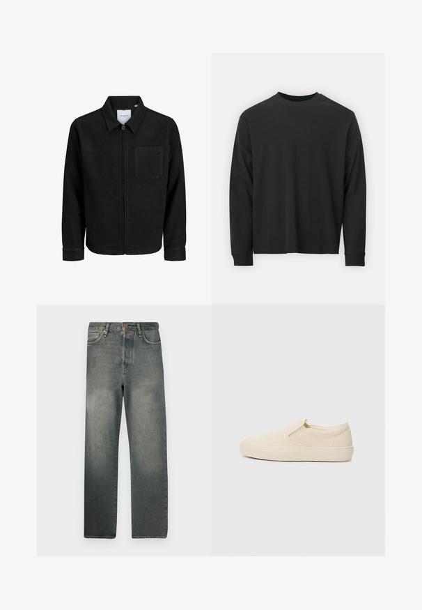 Giacca nera con zip, colletto e una tasca sul petto, mostrata su sfondo bianco.; Maglietta nera a maniche lunghe in cotone, con scollatura rotonda, vestibilità ampia e polsini a costine. Texture liscia senza motivi visibili.; Jack & Jones JJIALEX JJCOOPER - Jeans baggy - black denim; Scarpe slip-on beige in tela con suola in gomma. Presentano dettagli laterali elasticizzati e una texture liscia. Design semplice e arrotondato.