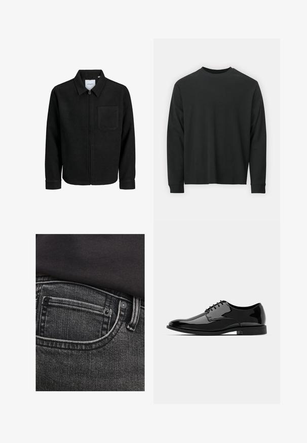 Mustaga lukuga jakker, millel on krae ja üks rinna-tasku, esitatud valgel taustal.; Pika pikkade varrukatega must T-särk, mis on valmistatud puuvillast, ümarate kaelustega, lohvaka lõikega ja soonikute mansettidega. Sujuv tekstuur, ilma nähtavate mustriteta.; Tumedat hallid denim teksad, millel on ülemine tasku, kontrastne õmblus ja metallnõelad. Tekstuur näeb välja veidi kulunud, vertikaalsete joontega.; Mustan läikiva nahast kleitking, millel on ümar varvas, nööridega disain ja sile, läikiv pind. Omab madalat kummitalda.