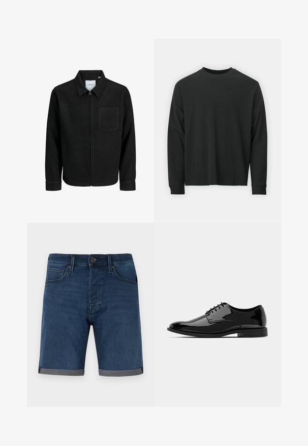 Črna jakna z zadrgo in ovratnikom ter enim žepom na prsih, prikazana na beli podlagi.; Dolga majica iz črnega bombaža z dolgimi rokavi, okroglim izrezom in ohlapnim krojem ter rebrastimi manšetami. Gladka tekstura brez vidnih vzorcev.; Denim kratke hlače v temno modri barvi s zvitim sivim robom. Imajo klasično zasnovo s petimi žepi in gumbom za zapiranje na pasu.; Črne lakirane usnjene čevlje z zaobljenim nosom, vezanjem in gladko, sijočo površino. Imajo nizko profilirano gumijasto podplat.