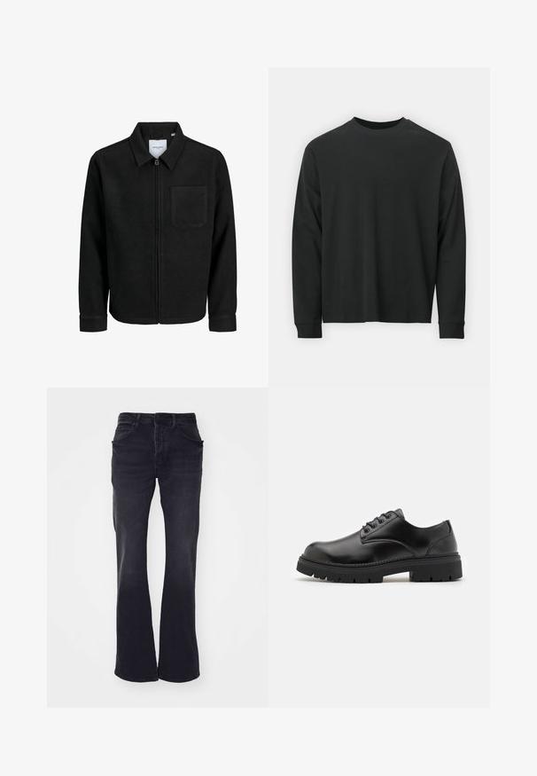 Jachetă neagră cu fermoar, cu guler și un singur buzunar pe piept, expusă pe fundal alb.; Tricou negru cu mânecă lungă, realizat din bumbac, cu guler rotund, croială lejeră și manșete ribbate. Textură netedă, fără modele vizibile.; Jeans negri evazați din denim, cu cinci buzunare, bucle pentru curea și o textură uzată. Țesătura este robustă cu o finisare netedă.; Pantofi din piele neagră, cu vârful rotunjit, design cu șireturi și o talpă groasă, texturată din cauciuc. Prezintă cusături pe margine și o finisare netedă.
