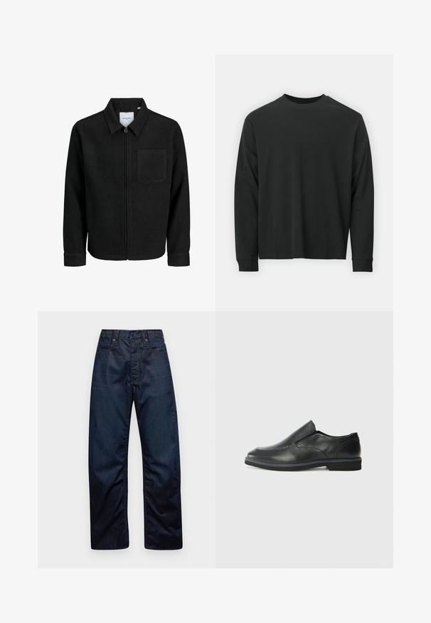 Črna jakna z zadrgo in ovratnikom ter enim žepom na prsih, prikazana na beli podlagi.; Dolga majica iz črnega bombaža z dolgimi rokavi, okroglim izrezom in ohlapnim krojem ter rebrastimi manšetami. Gladka tekstura brez vidnih vzorcev.; Temno modri kavbojasti hlače s ravnim krojem, ki imajo dva sprednja žepa in šivane detajle na šivih ter pasu.; Črne usnjene natikače z gladkim zgornjim delom, prišitimi detajli, zaobljenim nosom in nizkim gumijastim petkom. Podplat ima minimalen profil.