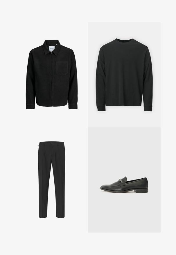Črna jakna z zadrgo in ovratnikom ter enim žepom na prsih, prikazana na beli podlagi.; Dolga majica iz črnega bombaža z dolgimi rokavi, okroglim izrezom in ohlapnim krojem ter rebrastimi manšetami. Gladka tekstura brez vidnih vzorcev.; Črne krojene hlače z elegantnim dizajnom, ki vključujejo sprednje nabore, ravne noge in gladko teksturo. Minimalna oprema in brez vidnih vzorcev.; Črni usnjeni loafer z gladko površino, ki ima šivano zasnovo in dekorativni kovinski verižni naglas preko vampirja. Ravno peto.