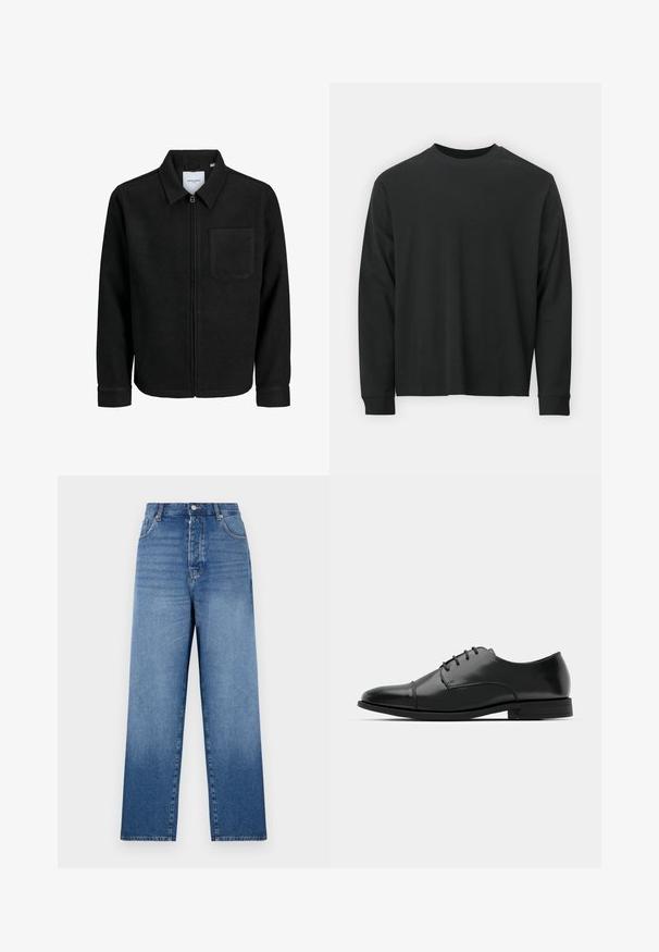 Črna jakna z zadrgo in ovratnikom ter enim žepom na prsih, prikazana na beli podlagi.; Dolga majica iz črnega bombaža z dolgimi rokavi, okroglim izrezom in ohlapnim krojem ter rebrastimi manšetami. Gladka tekstura brez vidnih vzorcev.; Modre kavbojke z visoko pasom, ravnim krojem, gumbom za zapiranje in petimi žepi. Imajo izbledel pranje in vidne šive.; Črne usnjene moške čevlje z zaobljenim nosom, s sistemom vezalk, diskretnimi šivi in nizkih petah. Gladka tekstura s sijočim zaključkom.