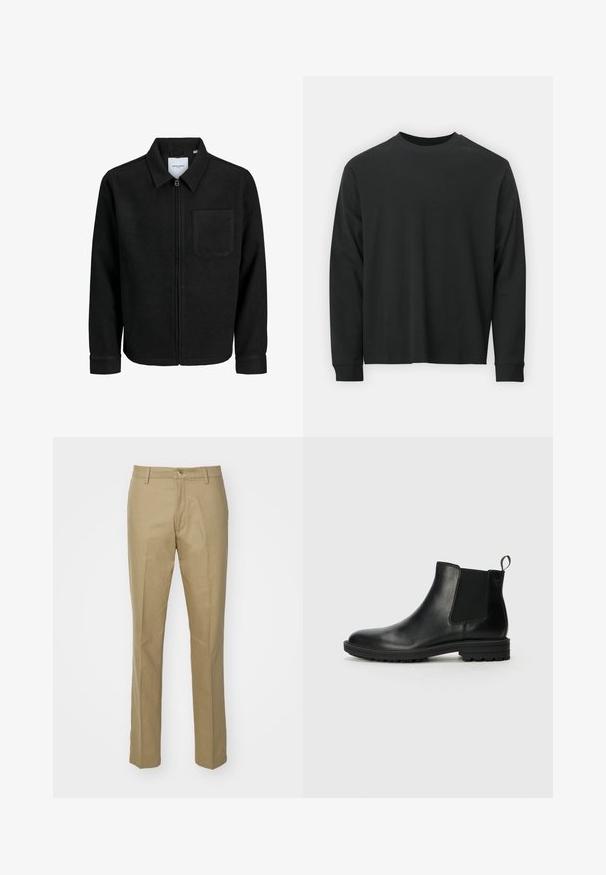 Juodas džemperis su užtrauktuku, apykakle ir vienu krūtiniu kišenėje, pristatytas baltame fone.; Ilga melsva juoda marškinėliai, pagaminti iš medvilnės, su apvaliu iškirpimu, laisvu siluetu ir ripsuota apykakle. Lygus paviršius be matomų raštų.; Chaki kelnės, pagamintos iš medvilnės mišinio, su tiesiu kengūros kirpimu, matomomis priekinėmis kišenėmis, užtrauktuku ir klasikiniu juosmeniu su vienu mygtuku.; Jack & Jones JFWHOSKINS - Klasikiniai aulinukai - anthracite