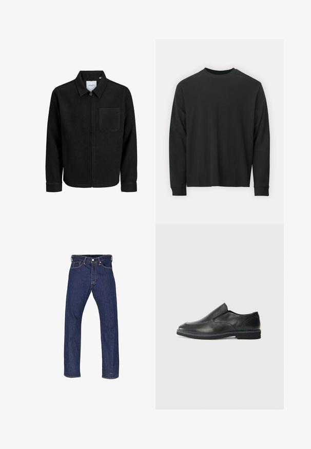 Melna jaka ar rāvējslēdzēju un apkakli, vienu krūšu kabatu, parādīta uz baltas fona.; Garās piedurknes melna T-kreklā, izgatavota no kokvilnas, ar apaļu kakla izgriezumu, brīvu piegriezumu un ribotām piedurknēm. Gluda tekstūra bez redzamām rakstainēm.; Tumši zili džinsi ar taisnu kāju piegriezumu, pieci kabatas un kontrasta šuvēm. Iespējas ar pogu uzdabināmu jostu un metāla kniedēm.; Melnas ādas slip-on kurpes ar gludu augšdaļu, izšūtām akcentiem, noapaļotu purngala daļu un zemu gumijas papēdi. Zole ar minimālu rakstu.