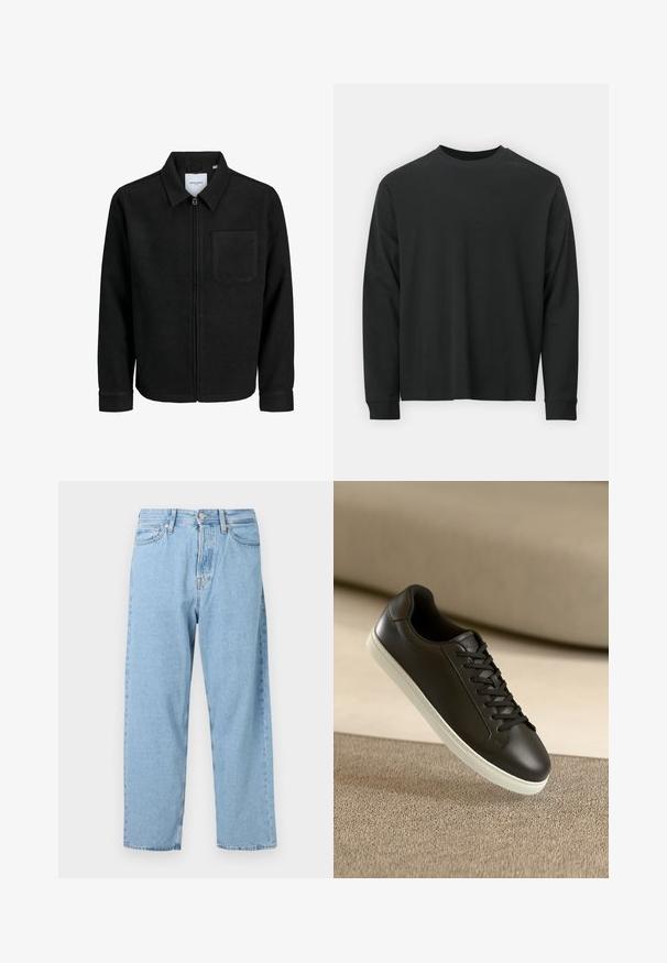 Čierna zipsová bunda s golierom a jednou náprsníkou, vystavená na bielom pozadí.; Čierne tričko s dlhým rukávom vyrobené z bavlny, s okrúhlym výstrihom, vo voľnom strihu a rebrovanými manžetami. Hladká textúra bez viditeľných vzorov.; Svetlomodré vysoké rovné džínsy s piatimi vreckami a predným zapínaním na gombík a zips.; Čierne kožené tenisky s bielou gumovou podrážkou a čiernymi šnúrkami, umiestnené na béžovom textilnom povrchu a pozadí.