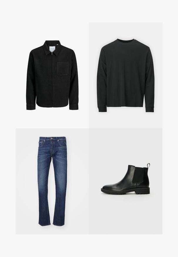 Musta vetoketjullinen takki, jossa on kaulus ja yksi rintatasku, esitelty valkoista taustaa vasten.; Pitkähihaine musta T-paita, joka on valmistettu puuvillasta. Tässä paidassa on pyöreä pääntie, rento istuvuus ja ribbikuvioidut hihansuut. Pintakuvasto on sileä ilman näkyviä kuvioita.; Tummansiniset farkut suoranlahkeisella muotoilulla, joissa on hienovarainen haalistuminen, viisi taskua ja metallinen napitus.; Jack & Jones JFWHOSKINS - Klassiset nilkkurit - anthracite