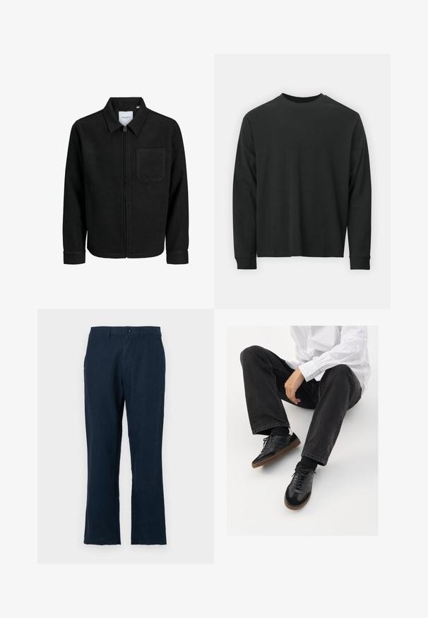 Fekete, zipzáros dzseki gallérral és egyetlen mellzsebbel, fehér háttéren.; Fekete, hosszú ujjú póló, 100% pamutból készült, kerek nyakkivágással, bő szabású, bordázott mandzsettákkal. Simaság jellemzi, látható mintázat nélkül.; Sötétkék vászon nadrág, egyenes szabással, gombos záródással és klasszikus zsebekkel. Az anyag sima tapintású, minimális részletezéssel.; Fekete tornacipők sima és texturált felsőrészel, gumitalppal és sötét cipőfűzőkkel. Fekete farmernadrággal és fehér csíkos inggel párosítva.
