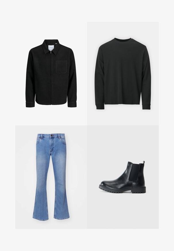 Svart zip-jacka med krage och en enda bröstficka, visad på vit bakgrund.; Långärmad svart T-shirt gjord av bomull, med rund halsringning, lös passform och ribbade ärmslut. Slät textur utan synliga mönster.; Ljusblå utsvängda denimjeans med klassisk femficksdesign, som har dragkedja och en enkel knappstängning. Texturerad tyg.; Svarta läder Chelsea boots med elastiska sidopaneler, rund tå och gummisula med bra grepp. Minimalistisk design med dragtab.