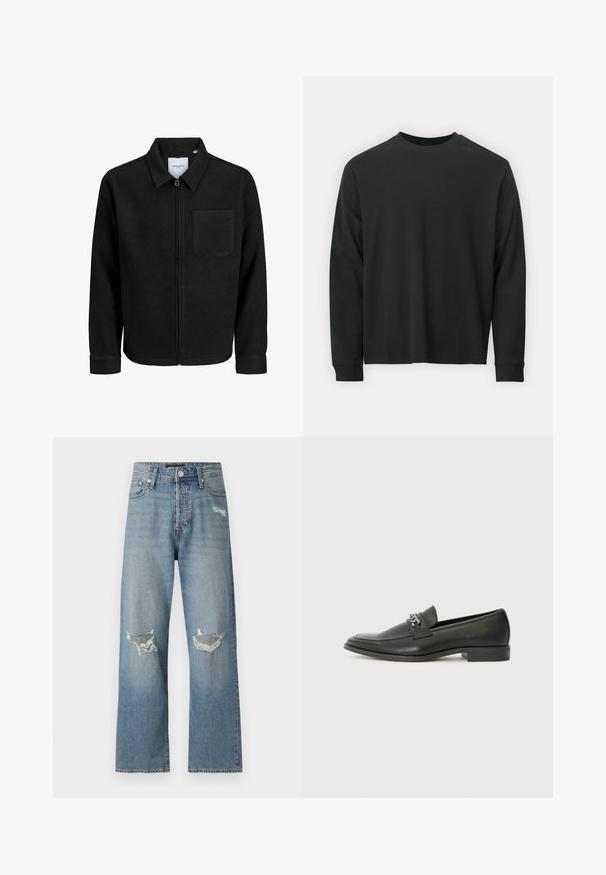 Mustaga lukuga jakker, millel on krae ja üks rinna-tasku, esitatud valgel taustal.; Pika pikkade varrukatega must T-särk, mis on valmistatud puuvillast, ümarate kaelustega, lohvaka lõikega ja soonikute mansettidega. Sujuv tekstuur, ilma nähtavate mustriteta.; Heledad sinise denim püksid sirge jala disainiga. Neil on kaks rebenenud põlvekohaga avamist ja klassikaline tõmblukk koos nupuga kinnitusega.; Must haveate nahkking punased, millel on sile viimistlus, tikitud muster ja dekoratiivne metallkett vampi üle. Tasane konts.