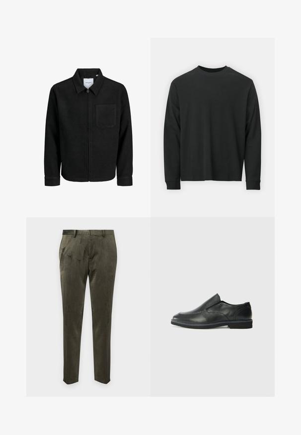 Zwarte zip-up jas met kraag en enkele borstzak, weergegeven op een witte achtergrond.; Zwarte longsleeve T-shirt van katoen, met een ronde halslijn, een losse pasvorm en geribbelde boorden. Glad oppervlak zonder zichtbare patronen.; Olijfgroene broek gemaakt van zacht materiaal met een gladde textuur. Heeft een getailleerde pasvorm en subtiele plooidetails aan de voorkant.; Zwarte leren instapper met een soepele bovenkant, gestikte accenten, ronde neus en een lage rubberen hak. De zool heeft minimale profiel.