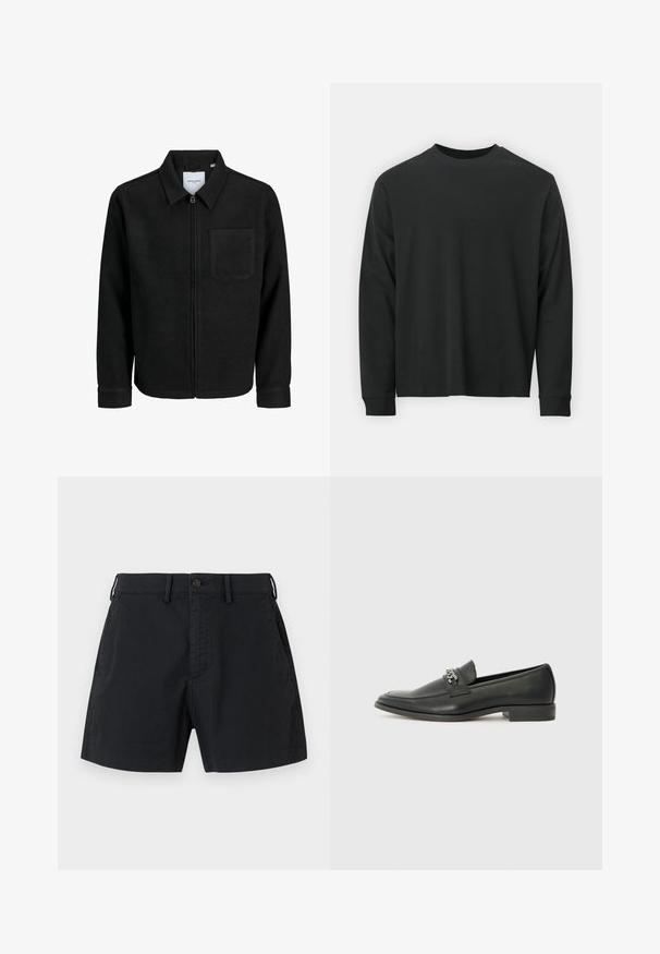 Black zip-up jacket with collar and single chest pocket, displayed on white background.; Long-sleeve black T-shirt made of cotton, featuring a round neckline, loose fit, and ribbed cuffs. Smooth texture with no visible patterns.; Black cotton shorts featuring a buttoned waistband, side pockets, and a straight cut design. Smooth texture with a minimal aesthetic.; Black leather loafer with a smooth finish, featuring a stitched design and a decorative metal chain accent across the vamp. Flat heel.