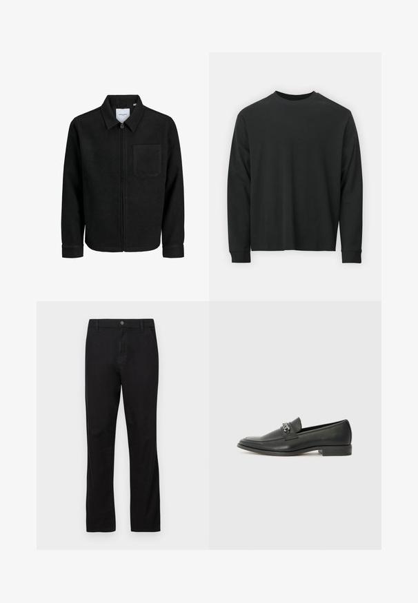 Schwarze Zip-Jacke mit Kragen und einer einzelnen Brusttasche, auf weißem Hintergrund präsentiert.; Langärmliges schwarzes T-Shirt aus Baumwolle, mit Rundhalsausschnitt, lockerer Passform und gerippten Bündchen. Weiche Textur ohne sichtbare Muster.; Schwarze Baumwollhose mit geradem Bein, ausgestattet mit einem Knopfverschluss, Vorder- und Gesäßtaschen sowie einer glatten Textur.; Schwarzer Lederloafer mit glatter Oberfläche, ausgestattet mit einer gesteppten Gestaltung und einem dekorativen Metallkettendetail über dem Vorderblatt. Flacher Absatz.