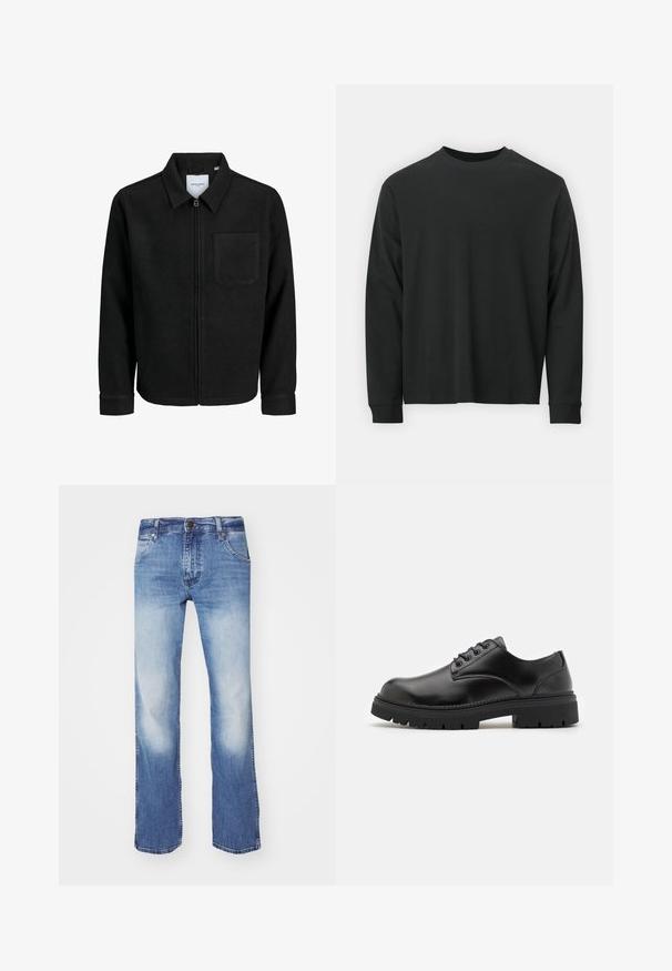 Czarna kurtka z zamkiem na całej długości, z kołnierzem i jedną kieszenią na piersi, umieszczona na białym tle.; Czarna koszulka z długim rękawem, wykonana z bawełny, z okrągłym dekoltem, luźnym krojem i ściągaczami na rękawach. Gładka tekstura bez widocznych wzorów.; Jasnoniebieskie dżinsy ze prostą nogawką, z wyblakłym wykończeniem, pięcioma kieszeniami i metalowym zapięciem w talii.; Czarne skórzane buty z zaokrąglonym czubkiem, na sznurówki, z grubą, teksturowaną gumową podeszwą. Cecha to przeszycia wzdłuż krawędzi oraz gładkie wykończenie.