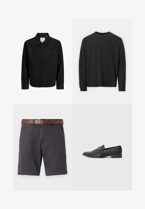 Zwarte zip-up jas met kraag en enkele borstzak, weergegeven op een witte achtergrond.; Zwarte longsleeve T-shirt van katoen, met een ronde halslijn, een losse pasvorm en geribbelde boorden. Glad oppervlak zonder zichtbare patronen.; Donkergrijze katoenen shorts met een bruine leren riem, voorzakken en gestikte zoomdetails.; Zwarte leren instapper met een gladde afwerking, voorzien van een gestikt ontwerp en een decoratieve metalen kettingaccent over de wreef. Platte hak.