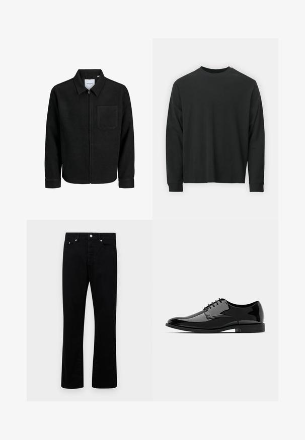 Melna jaka ar rāvējslēdzēju un apkakli, vienu krūšu kabatu, parādīta uz baltas fona.; Garās piedurknes melna T-kreklā, izgatavota no kokvilnas, ar apaļu kakla izgriezumu, brīvu piegriezumu un ribotām piedurknēm. Gluda tekstūra bez redzamām rakstainēm.; Melni denim bikses ar taisnu kāju dizainu, ar piecām kabatām, pogu jostu un sudraba detaļu akcentiem. Gluda tekstūra.; Melna laika kurpe no patentētās ādas ar noapaļotu purngalu, aukliņu dizainu un gludu, spīdīgu virsmu. Aprīkota ar zemu profilu gumijas zoli.