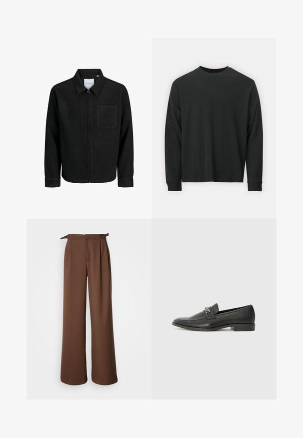 Čierna zipsová bunda s golierom a jednou náprsníkou, vystavená na bielom pozadí.; Čierne tričko s dlhým rukávom vyrobené z bavlny, s okrúhlym výstrihom, vo voľnom strihu a rebrovanými manžetami. Hladká textúra bez viditeľných vzorov.; Široké nohavice v hnedej farbe, vyrobené z jemného materiálu. Majú vysoký pás s skladmi a bočnými viazaniami, čo poskytuje uvoľnený strih a hladkú textúru.; Čierne kožené loafers s hladkým povrchom, s prešitým dizajnom a dekoratívnym kovovým reťazovým akcentom cez priehlavok. Plochý podpätok.