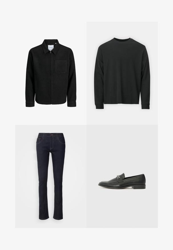 Fekete, zipzáros dzseki gallérral és egyetlen mellzsebbel, fehér háttéren.; Fekete, hosszú ujjú póló, 100% pamutból készült, kerek nyakkivágással, bő szabású, bordázott mandzsettákkal. Simaság jellemzi, látható mintázat nélkül.; Sötétkék farmernadrág egyenes lábbal, elülső zsebekkel, gombos záródással és diszkrét varrási részletekkel. Klasszikus dizájn.; Fekete bőr loaferek sima felülettel, varrott mintával és díszítő fém lánccal a cipő elején. Lapos sarok.