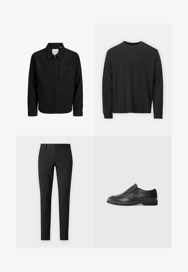 Zwarte zip-up jas met kraag en enkele borstzak, weergegeven op een witte achtergrond.; Zwarte longsleeve T-shirt van katoen, met een ronde halslijn, een losse pasvorm en geribbelde boorden. Glad oppervlak zonder zichtbare patronen.; Zwarte broek met streepdessin, met een platte voorkant, slim fit, voorzien van een knoopsluiting en ceintuurlussen, gemaakt van een soepel textielmateriaal.; Zwarte leren instapper met een soepele bovenkant, gestikte accenten, ronde neus en een lage rubberen hak. De zool heeft minimale profiel.