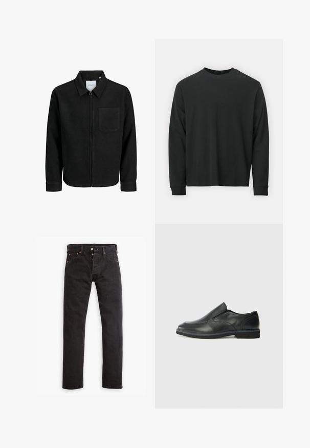 Crna jakna na zip s ovratnikom i jednim džepom na prsima, prikazana na bijeloj pozadini.; Dugi rukav crni majica od pamuka, s okruglim izrezom, slobodnog kroja i rebrastim manžetama. Glatka tekstura bez vidljivih uzoraka.; Crne uske traperice s gumbima, pet džepova i bakrenim zakovicama položene ravno na bijeloj pozadini.; Crne kožne cipele na sklapanje s glatkom gornjom površinom, prošivenim detaljima, zaobljenim vrhom i niskim gumene potplate. Potplat ima minimalne uzorke.