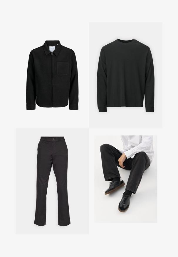 Černá zipová bunda s límečkem a jednou kapsou na hrudi, vystavená na bílém pozadí.; Černé tričko s dlouhými rukávy vyrobené z bavlny, s kulatým výstřihem, volným střihem a žebrovanými manžetami. Hladká textura bez viditelných vzorů.; GAP STRAIGHT PERFORMANCE - Kalhoty - true black; Černé tenisky se hladkým a texturovaným svrškem, s kaučukovou podešví a tmavými šňůrkami. Skombinované s černými džínami a bílou proužkovanou košilí.