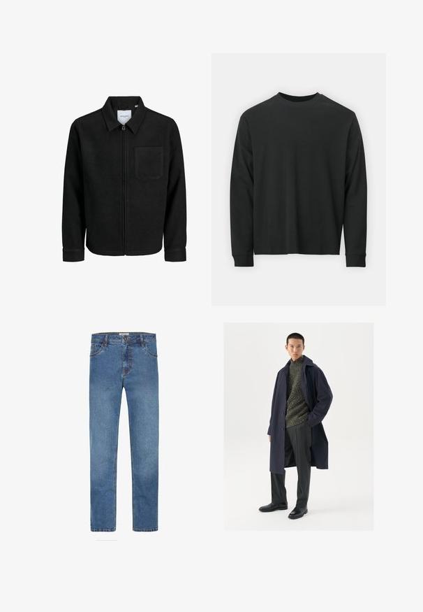 Czarna kurtka z zamkiem na całej długości, z kołnierzem i jedną kieszenią na piersi, umieszczona na białym tle.; Czarna koszulka z długim rękawem, wykonana z bawełny, z okrągłym dekoltem, luźnym krojem i ściągaczami na rękawach. Gładka tekstura bez widocznych wzorów.; Niebieskie dżinsy o prostym kroju, z pięcioma kieszeniami, zapięciem na guzik i kontrastowym przeszyciem. Gładka tekstura z średnim spraniem.; Granatowy płaszcz z zapięciem na guziki, zielony sweter o fakturze, czarne spodnie oraz czarne skórzane botki. Gładki materiał o uporządkowanej sylwetce.