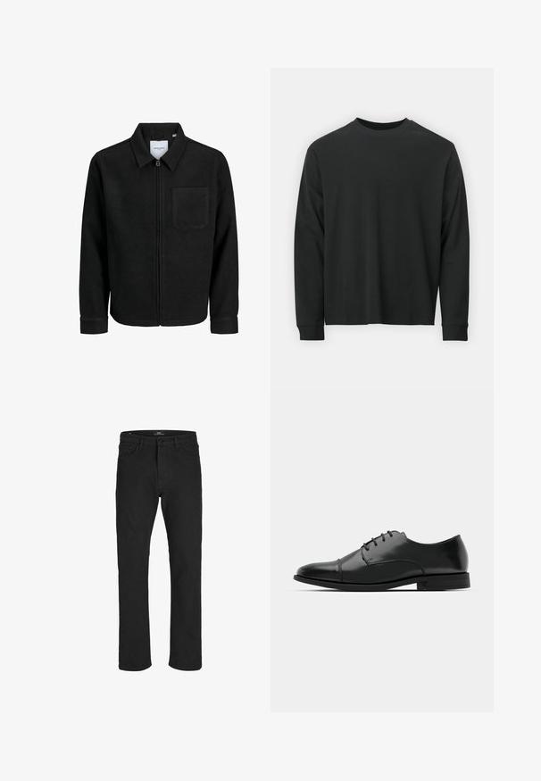 Jachetă neagră cu fermoar, cu guler și un singur buzunar pe piept, expusă pe fundal alb.; Tricou negru cu mânecă lungă, realizat din bumbac, cu guler rotund, croială lejeră și manșete ribbate. Textură netedă, fără modele vizibile.; R.D.D. ROYAL DENIM DIVISION RDD - Blugi drepți - black denim; Pantofii negri din piele, cu vârful rotunjit, design cu șireturi, detalii de cusătură subtile și toc joasă. Textura netedă cu un finisaj lustruit.