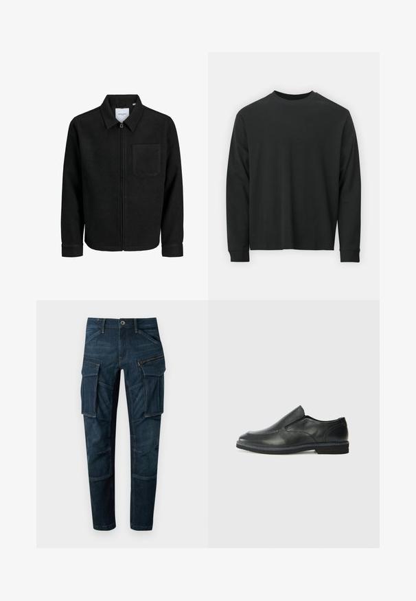 Čierna zipsová bunda s golierom a jednou náprsníkou, vystavená na bielom pozadí.; Čierne tričko s dlhým rukávom vyrobené z bavlny, s okrúhlym výstrihom, vo voľnom strihu a rebrovanými manžetami. Hladká textúra bez viditeľných vzorov.; Tmavé džínsové cargo nohavice so viacerými vreckami, zipsovým bočným vreckom a zúženým strihom nohavíc. Spevnené švy a klasické zapínanie na gombík.; Čierny kožený nazúvací topánka s hladkým zvrškom, prešitými akcentmi, zaoblenou špičkou a nízkym gumovým podpätkom. Podošva má minimálny dezén.