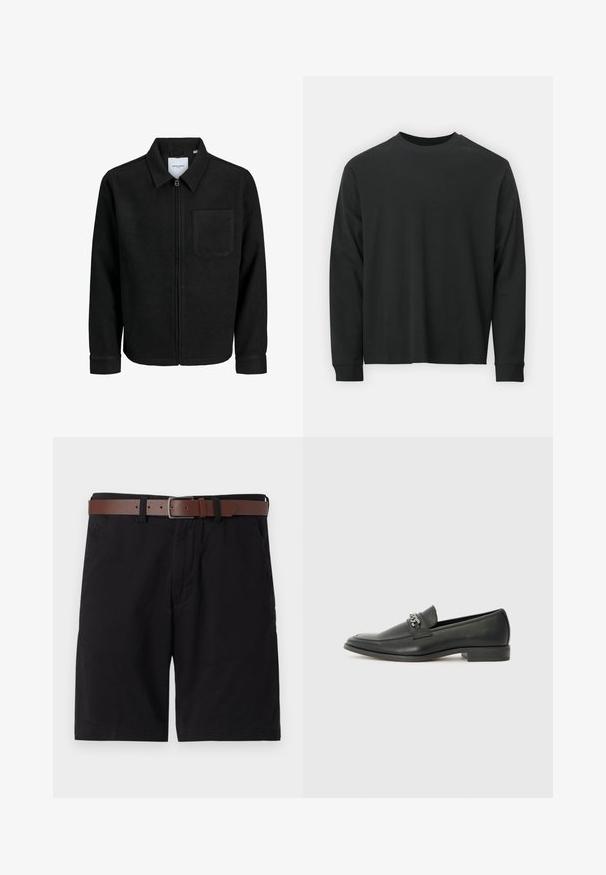 Černá zipová bunda s límečkem a jednou kapsou na hrudi, vystavená na bílém pozadí.; Černé tričko s dlouhými rukávy vyrobené z bavlny, s kulatým výstřihem, volným střihem a žebrovanými manžetami. Hladká textura bez viditelných vzorů.; Černé bavlněné šortky s hnědým koženým opaskem. Design zahrnuje přední kapsy a rovný střih s obnitkovanými lemy.; Černé kožené mokasíny s hladkým povrchem, s prošívaným designem a dekoračním kovovým řetízkem přes nárt. Plochý podpatek.