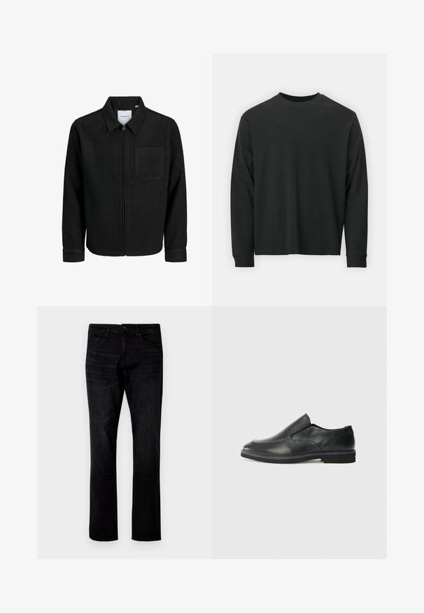 Zwarte zip-up jas met kraag en enkele borstzak, weergegeven op een witte achtergrond.; Zwarte longsleeve T-shirt van katoen, met een ronde halslijn, een losse pasvorm en geribbelde boorden. Glad oppervlak zonder zichtbare patronen.; Zwarte denim jeans met een rechte pijp, voorzien van een standaard vijf-pocket ontwerp en een subtiele gewassen textuur.; Zwarte leren instapper met een soepele bovenkant, gestikte accenten, ronde neus en een lage rubberen hak. De zool heeft minimale profiel.