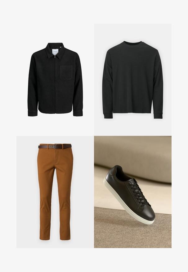 Jachetă neagră cu fermoar, cu guler și un singur buzunar pe piept, expusă pe fundal alb.; Tricou negru cu mânecă lungă, realizat din bumbac, cu guler rotund, croială lejeră și manșete ribbate. Textură netedă, fără modele vizibile.; Pantaloni din bumbac maro cu un croi slim, dotati cu un curea din piele maro si detalii de cusătură subtile. Textură netedă și formă ajustată.; Sneaker din piele neagră cu talpă din cauciuc alb și șireturi negre, plasat pe o suprafață și un fundal din material bej.