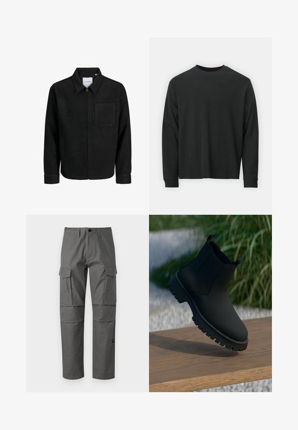 Sort lynlåsjakke med krave og en enkelt brystlomme, vist på hvid baggrund.; Langærmet sort T-shirt lavet af bomuld, med rund halsudskæring, løs pasform og ribbede ærmer. Glat tekstur uden synlige mønstre.; Grå cargo bukser lavet af slidstærkt stof, med lige ben design, flere sidelommer og synlige søm detaljer.; Sort ankelstøvle med en glat overflade, elastiske sidepaneler og en tyk, robust sål. Sat mod en naturlig baggrund på en træoverflade.