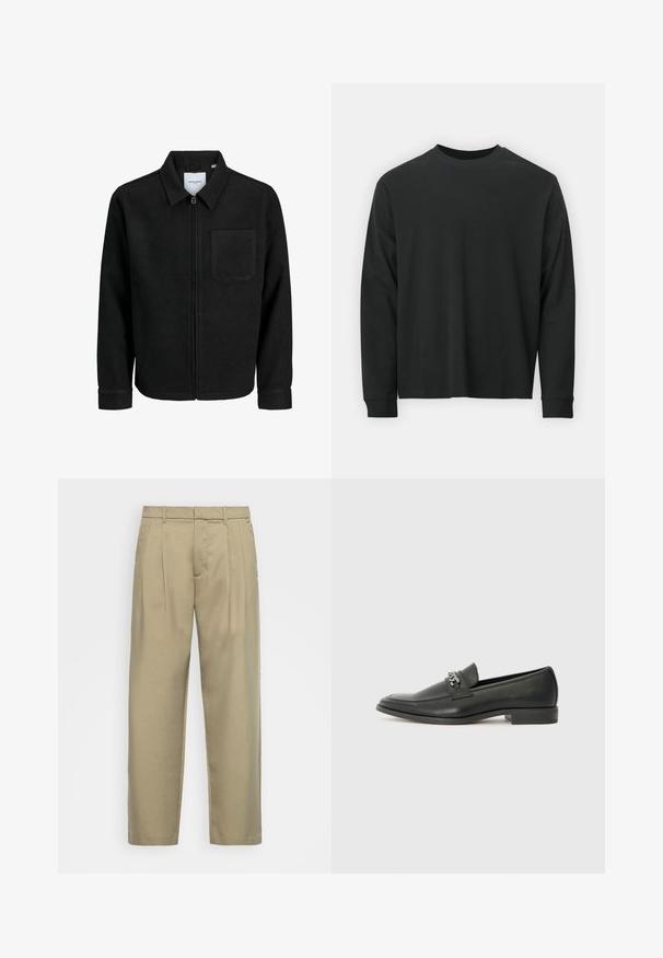 Sort lynlåsjakke med krave og en enkelt brystlomme, vist på hvid baggrund.; Langærmet sort T-shirt lavet af bomuld, med rund halsudskæring, løs pasform og ribbede ærmer. Glat tekstur uden synlige mønstre.; Beige, højtsiddende bukser med lige snit, med flad forkant, sidelommer og et glat, tekstureret stof.; Sorte læder loafers med en glat finish, der har et syet design og et dekorativt metal kædeaccent hen over vamps. Flad hæl.