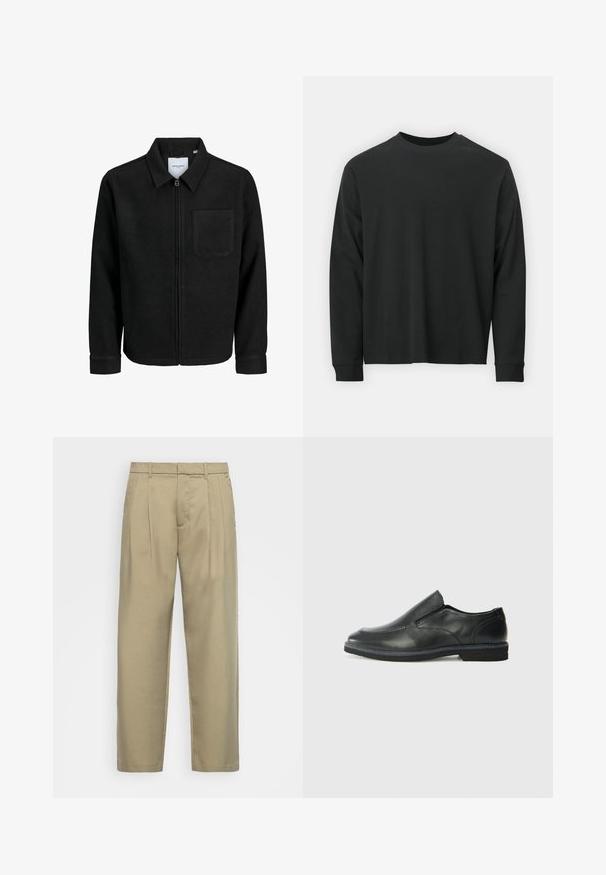 Črna jakna z zadrgo in ovratnikom ter enim žepom na prsih, prikazana na beli podlagi.; Dolga majica iz črnega bombaža z dolgimi rokavi, okroglim izrezom in ohlapnim krojem ter rebrastimi manšetami. Gladka tekstura brez vidnih vzorcev.; Bež hlače visoko pasu s ravnim krojem, z ravnim sprednjim delom, stranskimi žepi in gladkim, teksturiranim materialom.; Črne usnjene natikače z gladkim zgornjim delom, prišitimi detajli, zaobljenim nosom in nizkim gumijastim petkom. Podplat ima minimalen profil.