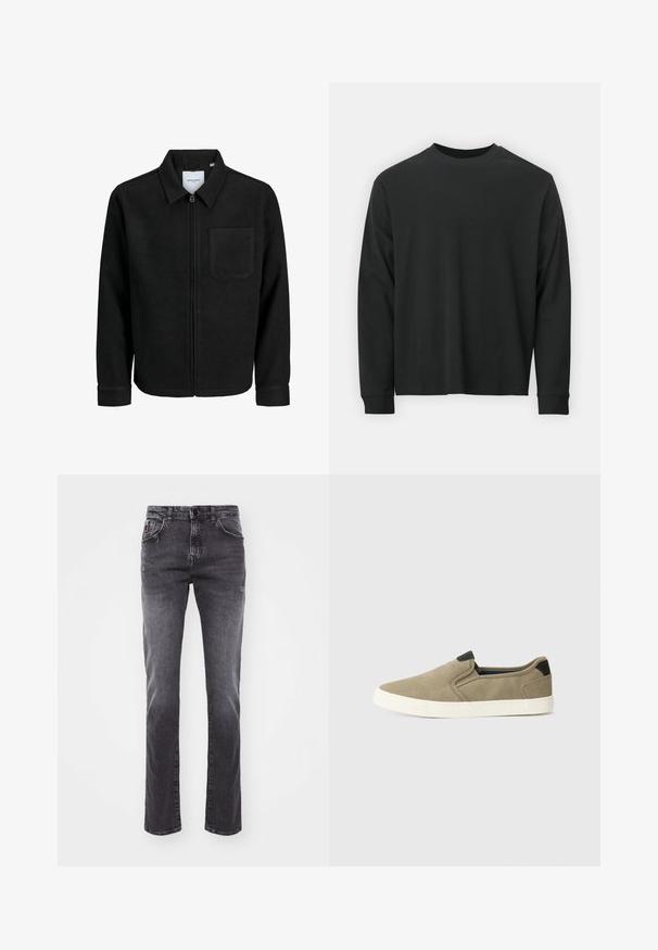 Fekete, zipzáros dzseki gallérral és egyetlen mellzsebbel, fehér háttéren.; Fekete, hosszú ujjú póló, 100% pamutból készült, kerek nyakkivágással, bő szabású, bordázott mandzsettákkal. Simaság jellemzi, látható mintázat nélkül.; Szürke farmernadrág egyenes szárú kialakítással, öt zsebes stílusban, enyhe kopással. Gombbal és cipzárral záródik. Nincs látható márkázás.; Taupe slip-on cipők texturált szövet felsőrésszel, kontrasztos fekete sarokkal és fehér gumitalppal. Perforált dizájn a lélegzőképesség érdekében.