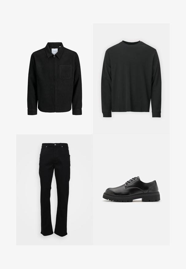 Juodas džemperis su užtrauktuku, apykakle ir vienu krūtiniu kišenėje, pristatytas baltame fone.; Ilga melsva juoda marškinėliai, pagaminti iš medvilnės, su apvaliu iškirpimu, laisvu siluetu ir ripsuota apykakle. Lygus paviršius be matomų raštų.; Juodos tiesios kojos džinsai su priekinėmis kišenėmis, diržo kilpomis ir mygtukų uždarymu ant balto fono.; Juodi odiniai bateliai su apvaliu nosiu, raištelių užsegimu ir storu, tekstūruotu guminėmis padais. Yra siuvinėjimas per kraštą ir lygus paviršius.