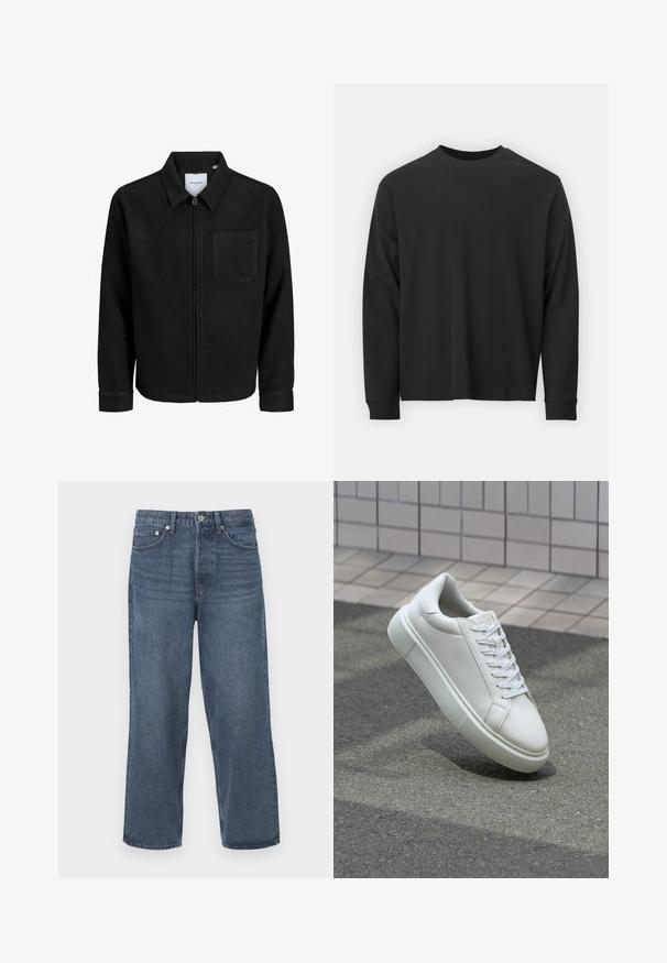 Melna jaka ar rāvējslēdzēju un apkakli, vienu krūšu kabatu, parādīta uz baltas fona.; Garās piedurknes melna T-kreklā, izgatavota no kokvilnas, ar apaļu kakla izgriezumu, brīvu piegriezumu un ribotām piedurknēm. Gluda tekstūra bez redzamām rakstainēm.; Tumši zili denima džinsi ar taisnu kāju dizainu, piecām kabatām un pogas aizdari. Iekļauj vieglu nolietojumu un klasisku griezumu.; Baltas ādas sporta apavi ar gludu virsmu, apaļu pirkstu un plakanām baltām šņorēm. Iezīmējas ar strukturētu gumijas zoli un minimālisma dizaina elementiem.