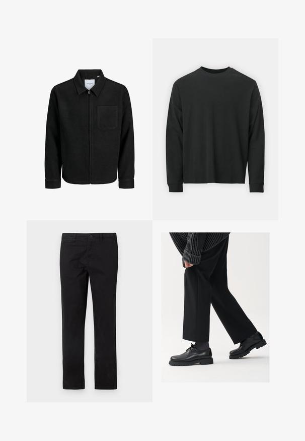 Schwarze Zip-Jacke mit Kragen und einer einzelnen Brusttasche, auf weißem Hintergrund präsentiert.; Langärmliges schwarzes T-Shirt aus Baumwolle, mit Rundhalsausschnitt, lockerer Passform und gerippten Bündchen. Weiche Textur ohne sichtbare Muster.; Schwarze Baumwoll-Chinos mit geradem Bein, ausgestattet mit einem Knopfverschluss und Fronttaschen, glatter Textur und minimalen Nahtdetails.; Schwarze Lederschuhe mit einer runden Spitze, Schnürdesign und dicker, strukturierter Sohle. Getragen mit maßgeschneiderten schwarzen Hosen und einem gerippten Pullover.