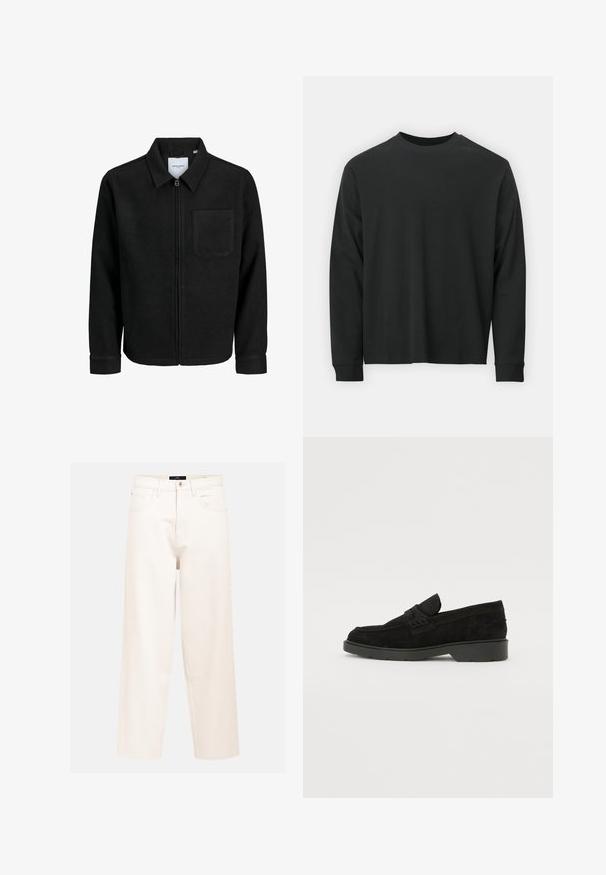 Schwarze Zip-Jacke mit Kragen und einer einzelnen Brusttasche, auf weißem Hintergrund präsentiert.; Langärmliges schwarzes T-Shirt aus Baumwolle, mit Rundhalsausschnitt, lockerer Passform und gerippten Bündchen. Weiche Textur ohne sichtbare Muster.; Hellbeigeweite Jeans aus Baumwoll-Denim mit hoher Taille, Fünf-Taschen-Design und einem einzelnen Knopfverschluss vorne.; Schwarze Wildleder-Slipper mit niedrigem Absatz, ausgestattet mit einem einfachen Band über dem Obermaterial und texturierten Details an den Seiten.