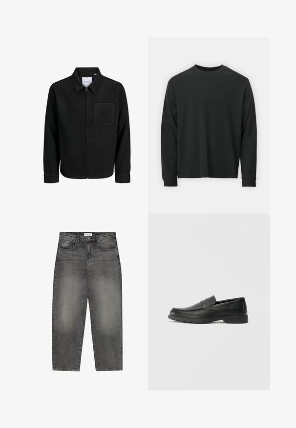 Mustaga lukuga jakker, millel on krae ja üks rinna-tasku, esitatud valgel taustal.; Pika pikkade varrukatega must T-särk, mis on valmistatud puuvillast, ümarate kaelustega, lohvaka lõikega ja soonikute mansettidega. Sujuv tekstuur, ilma nähtavate mustriteta.; Hallud denim püksid, millel on vaba lõige, viie tasku, lukuga tagasitõmme ja õrn pleekimine. Klassikaline sirge jala disain ja peenelt õmmeldud õmblused.; Musthave nahkkingad siledast nahast, mokassiini stiilis ülevalt, tikanditega ja kummist tallaga. Klassikaline disain madala kontsaga.