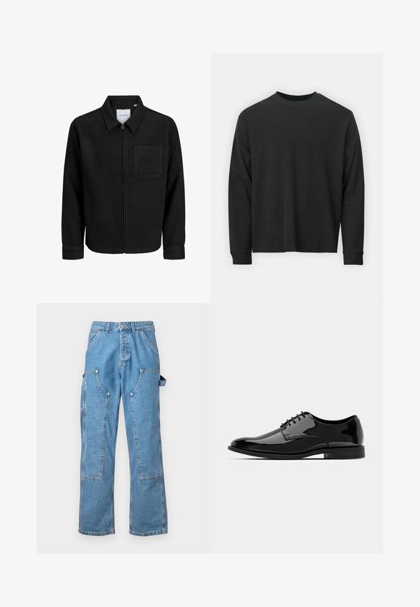 Czarna kurtka z zamkiem na całej długości, z kołnierzem i jedną kieszenią na piersi, umieszczona na białym tle.; Czarna koszulka z długim rękawem, wykonana z bawełny, z okrągłym dekoltem, luźnym krojem i ściągaczami na rękawach. Gładka tekstura bez widocznych wzorów.; Jasnoniebieskie dżinsowe spodnie cargo o luźnym kroju, z wieloma kieszeniami na łatki i kontrastowym przeszyciem. Posiadają zapięcie na guzik i paski na pasek.; Czarne, lakierowane buty wizytowe ze zaokrąglonym noskiem, sznurowane, o gładkiej, błyszczącej powierzchni. Posiadają niski, gumowy obcas.