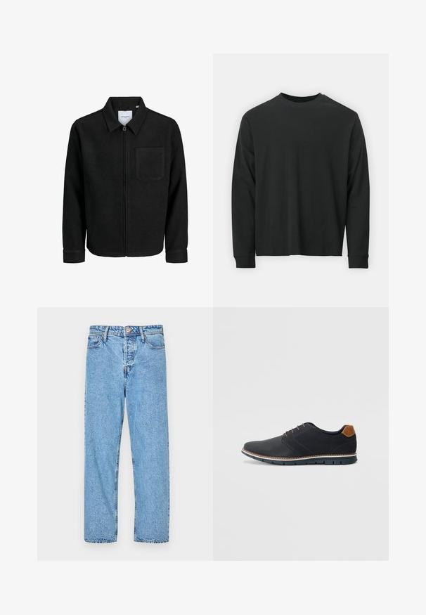 Črna jakna z zadrgo in ovratnikom ter enim žepom na prsih, prikazana na beli podlagi.; Dolga majica iz črnega bombaža z dolgimi rokavi, okroglim izrezom in ohlapnim krojem ter rebrastimi manšetami. Gladka tekstura brez vidnih vzorcev.; Mlade svetlo modre kavbojke z ravnim krojem, petimi žepi, vidno šivanim in z gumbom ter zadrgo.; Črne sintetične čevlje z teksturirano zgornjščino, gladkimi akcenti, rjavim petnim delom in kontrastnim podplatom. Imajo minimalno vezanje in detajle šivanja.