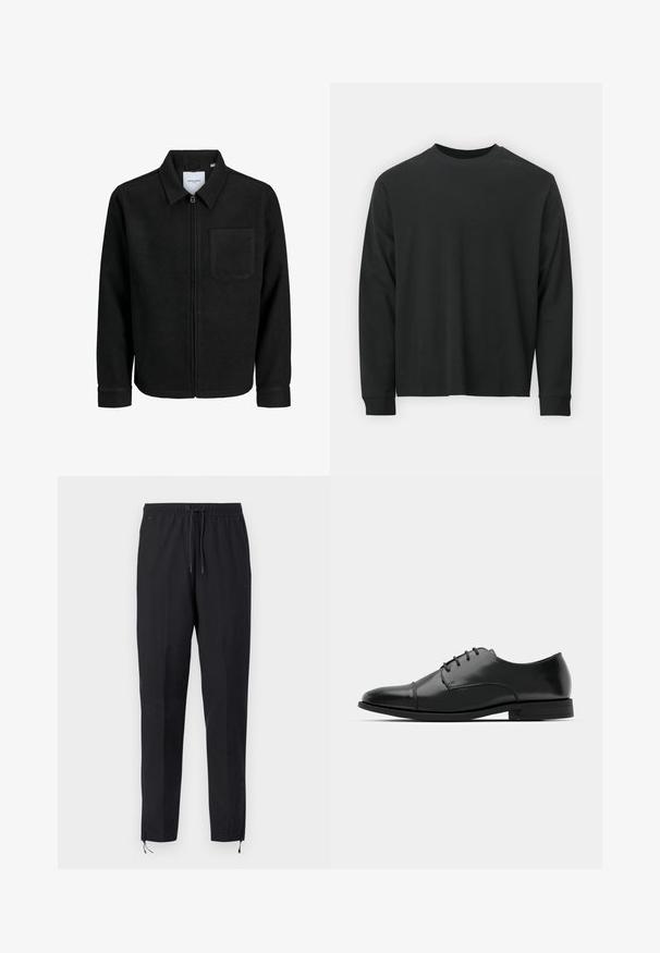 Crna jakna na zip s ovratnikom i jednim džepom na prsima, prikazana na bijeloj pozadini.; Dugi rukav crni majica od pamuka, s okruglim izrezom, slobodnog kroja i rebrastim manžetama. Glatka tekstura bez vidljivih uzoraka.; Crne, lagane sportske hlače s elastičnim pojasom i vezicama, imaju sužene nogavice i patentne zatvarače na gležnjevima za prilagodbu.; Crne kožne cipele s okruglim prstom, s vezanjem, suptilnim detaljima šivanja i niskim potplatima. Glatka tekstura s poliranim finišem.