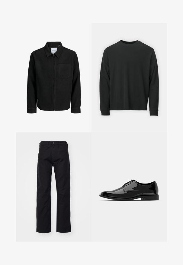Crna jakna na zip s ovratnikom i jednim džepom na prsima, prikazana na bijeloj pozadini.; Dugi rukav crni majica od pamuka, s okruglim izrezom, slobodnog kroja i rebrastim manžetama. Glatka tekstura bez vidljivih uzoraka.; Crne platnene hlače ravnog kroja, s prednjim zatvaranjem na gumbe, petljama za remen i bočnim džepovima. Tekstura je glatka i izdržljiva.; Crne lakirane kožne cipele s okruglim vrhom, s vezicama i glatkom, sjajnom površinom. Imaju nisku gumenu potplat.