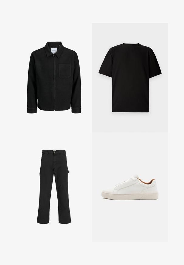 Mustaga lukuga jakker, millel on krae ja üks rinna-tasku, esitatud valgel taustal.; Mustus lühikeste varrukatega T-särk ribakanga materjalist. Omab ümmargust kaelust ja lõõgastavat istuvust, millel on sile tekstuur. Ainult tagavaade.; Mustad seljandavad püksid puuvilla ja sünteetilise segu kangast. Omavad laiu jalgu, ees kaldus taskuid ning külgtaskut, millel on tarvikute jaoks silmus.; ALDO LUTON - Tossud - white